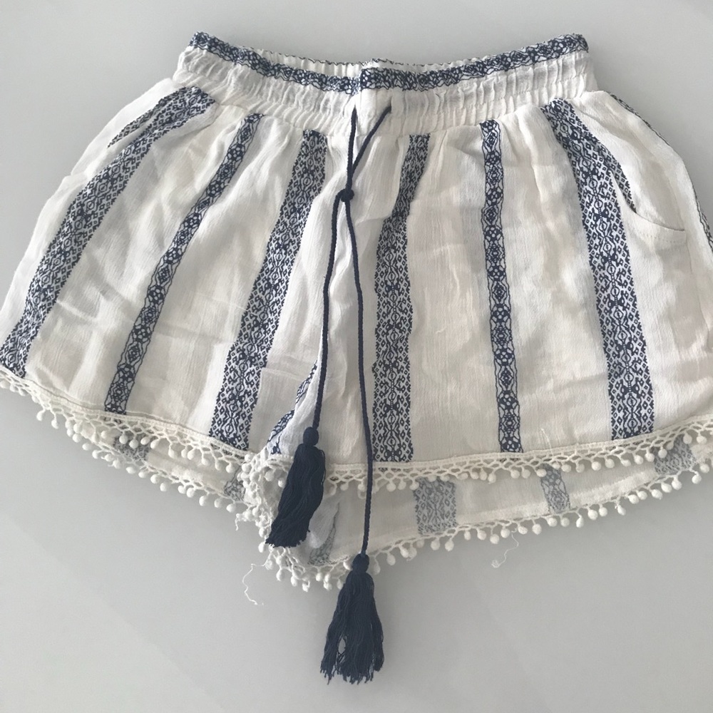 White and navy boho shorts